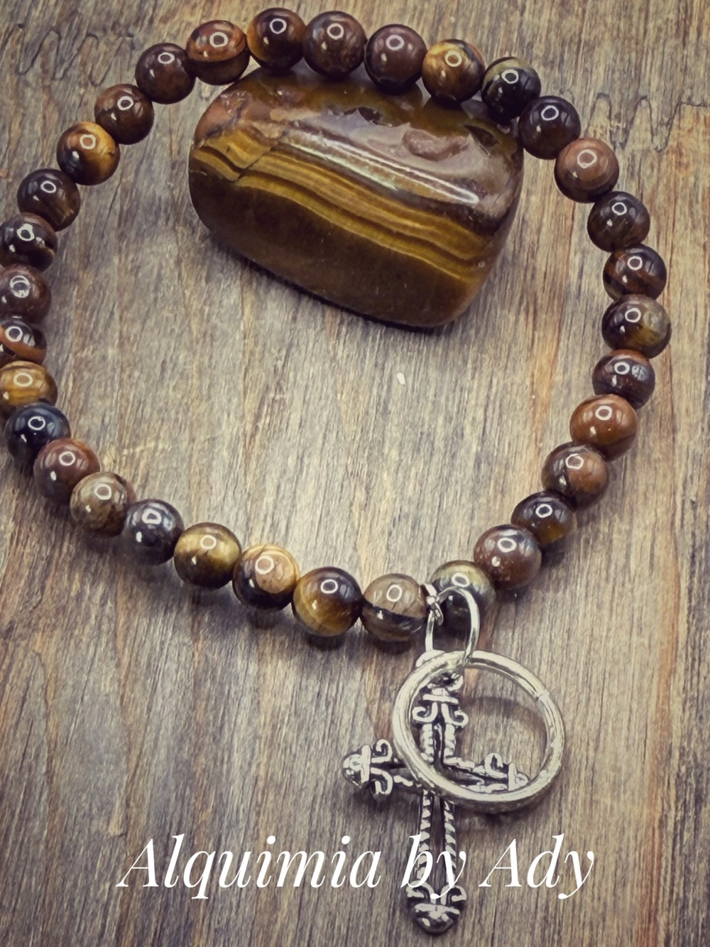 Alquimia Brown and Golden Tiger Eye Beaded Bracelet with Cross Charm